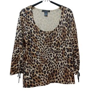 August Silk Stretch Leopard Print Scoop Neck Top‎ Womens Large Bold Classic